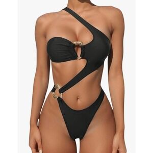 Monokini Black Asymmetric Cut Out Swimsuit with‎ Gold Hardware Small